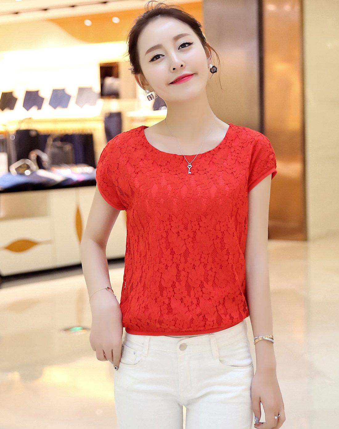 红色蕾丝修身短袖女士t恤