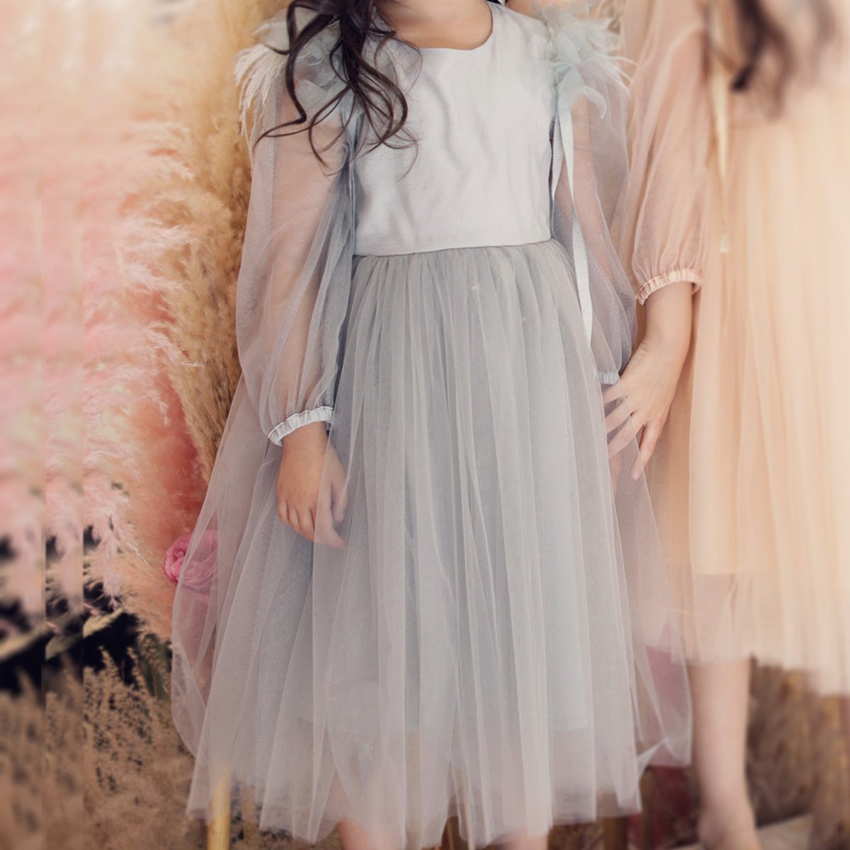 js童装中童女童轻奢羽毛纱纱裙长袖公主风连衣裙