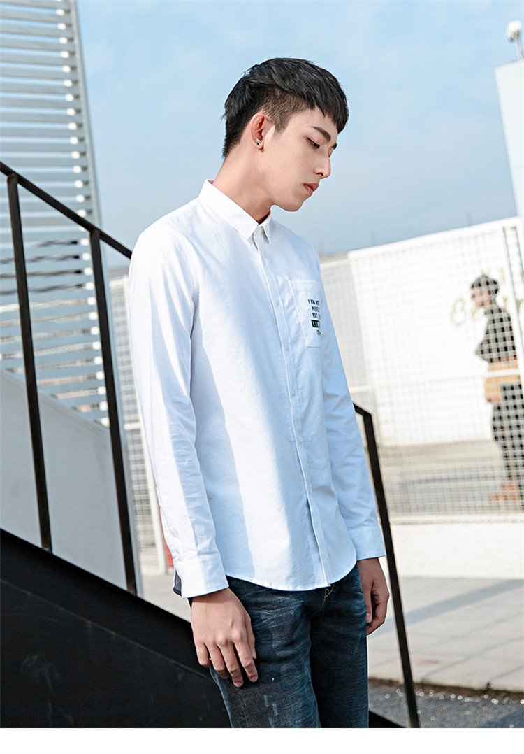 egou白衬衫男春季修身时尚薄款纯棉衬衫男长袖青年学生休闲衬衣潮