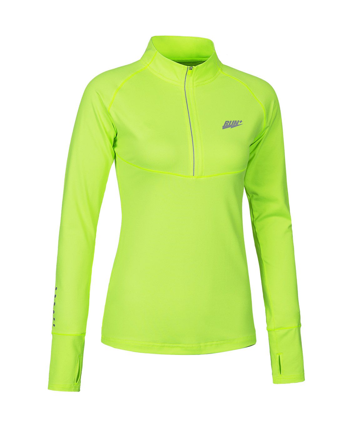舒适微弹 女款荧光绿色运动长袖t恤 半开襟