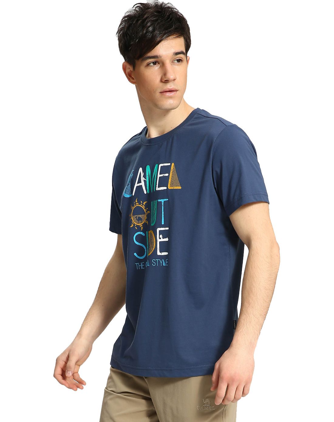 骆驼camel户外男士鞋服专场舒适 耐磨 男款铁蓝灰休闲圆领t恤a6s1272