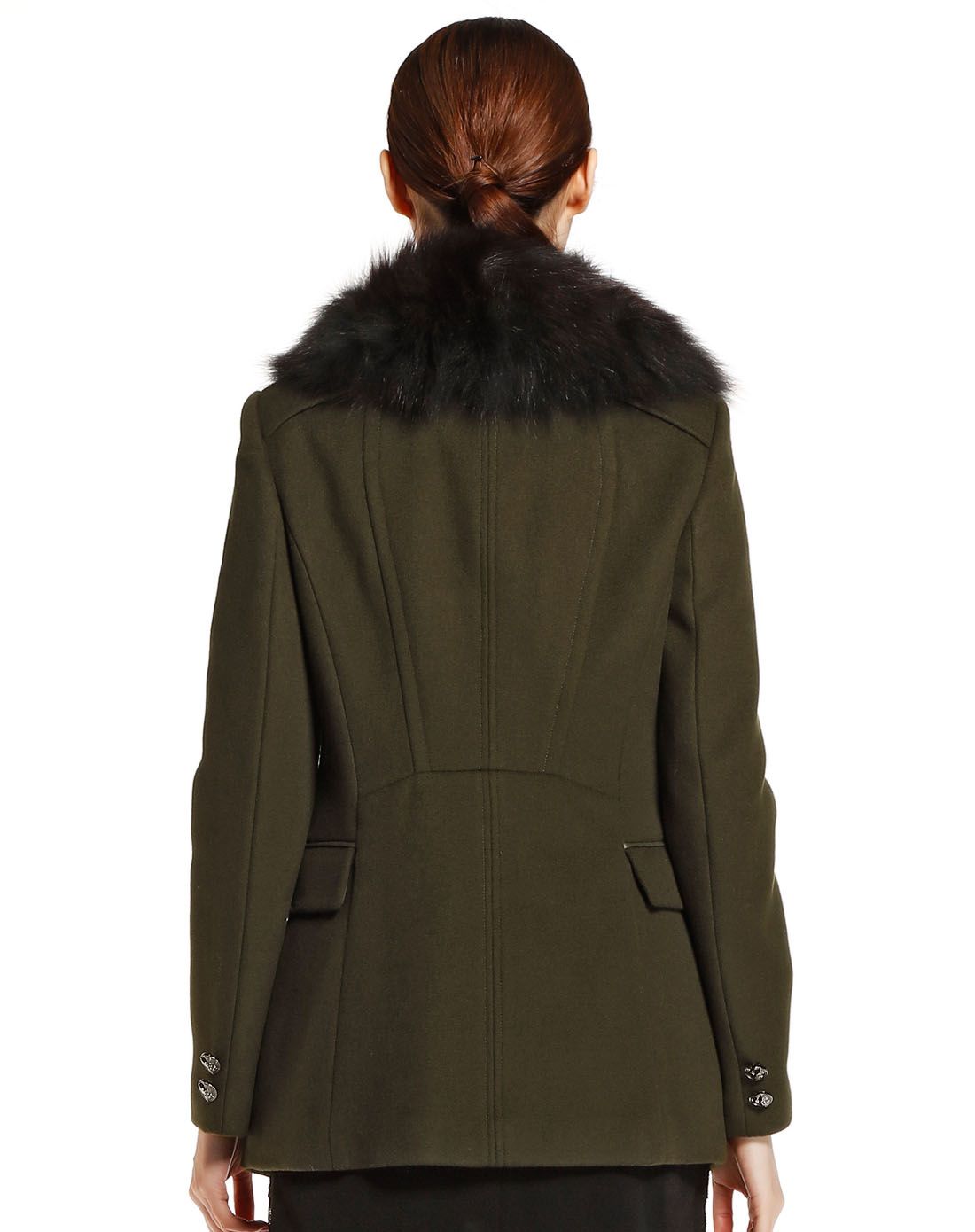 深墨绿色大方双排扣长袖大衣