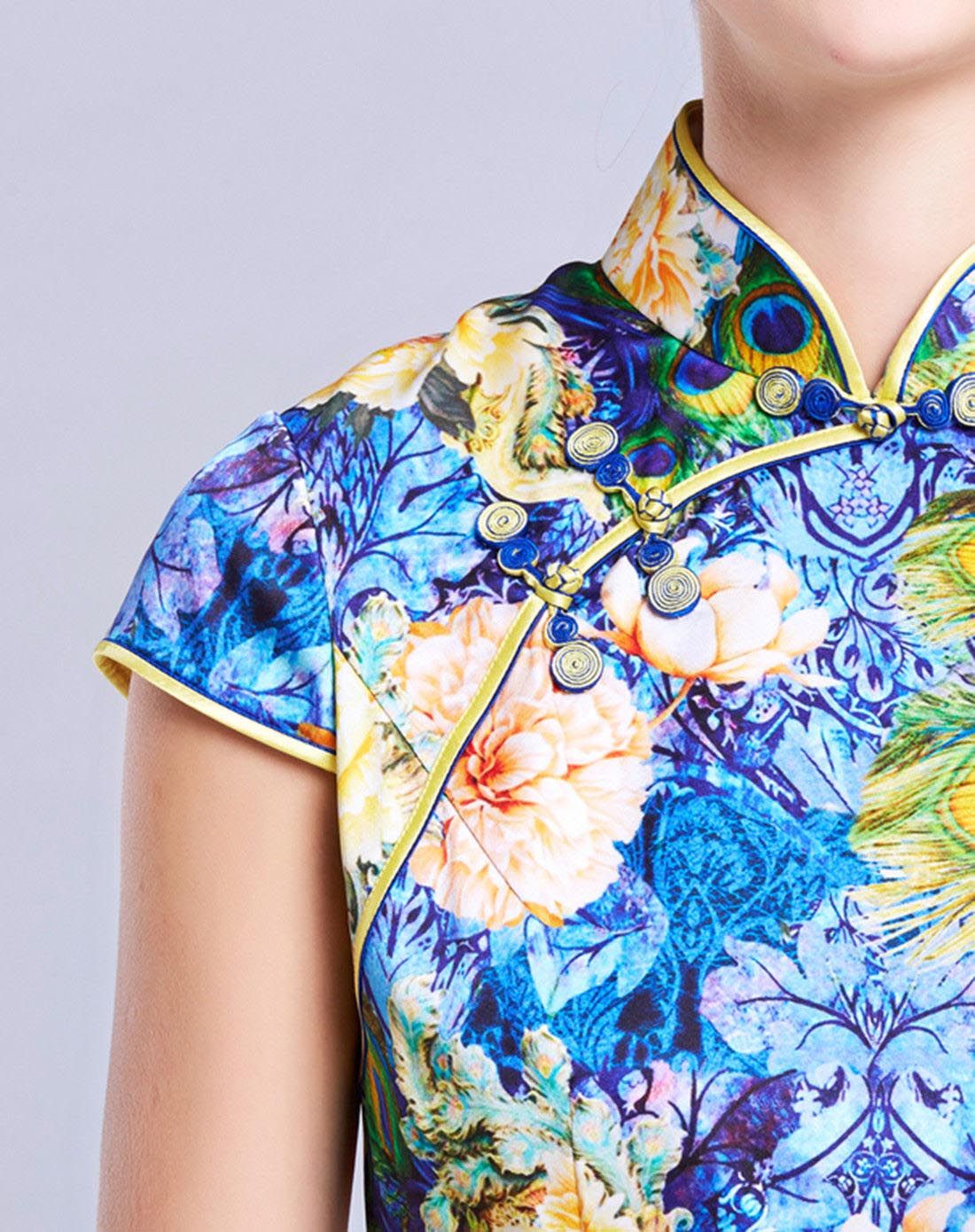 女款蓝色印花真丝旗袍