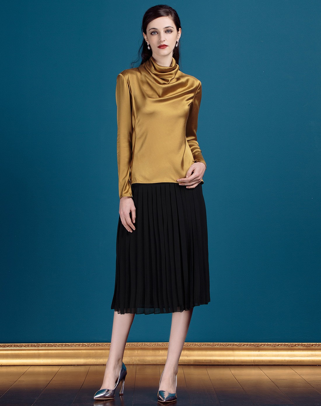 金黄色淑女简约桑蚕丝长袖上衣