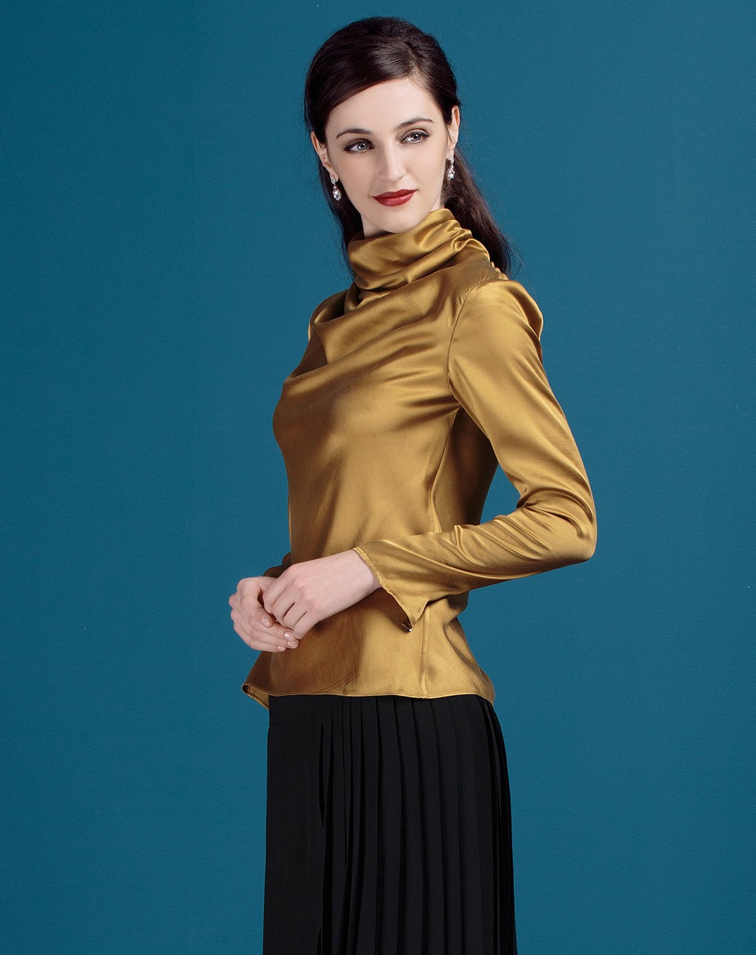 金黄色淑女简约桑蚕丝长袖上衣