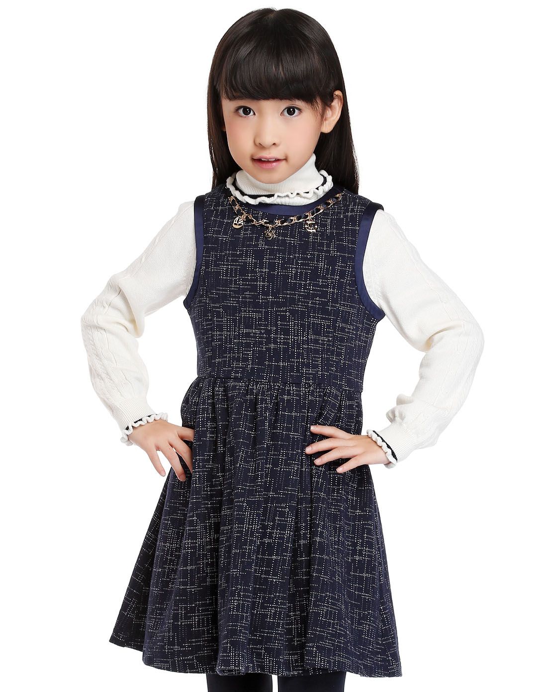 衣恋旗下e-land kids男女童服饰专场女童藏青色包边背心连衣裙ekow5f9