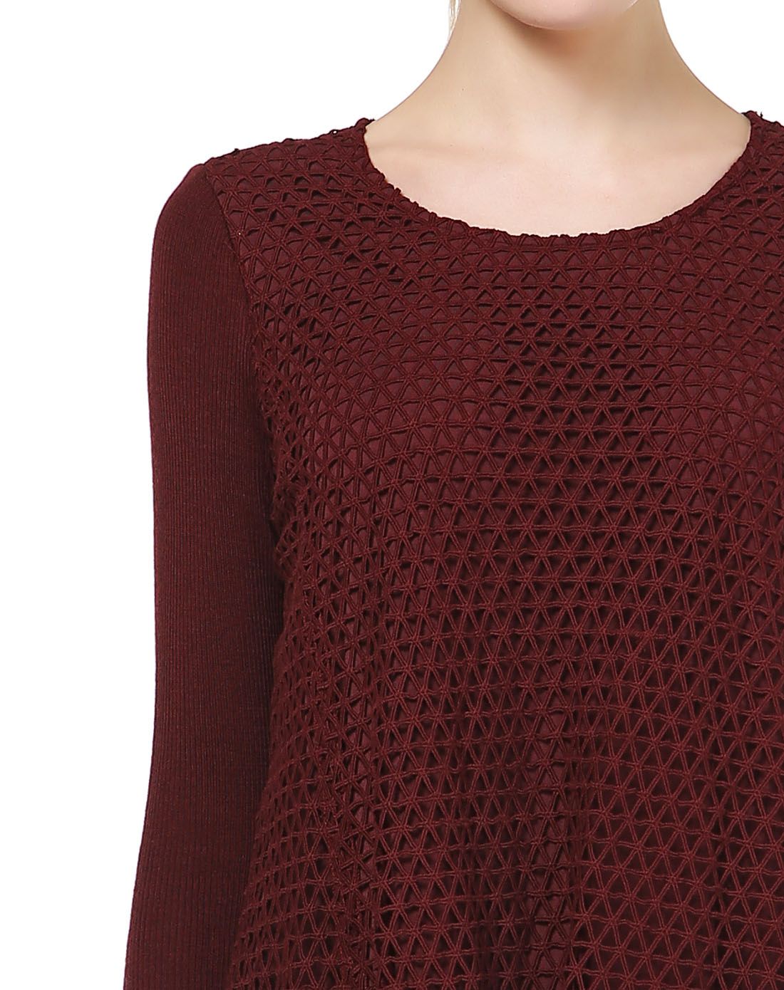 暗酒红色淑女气质长袖连衣裙