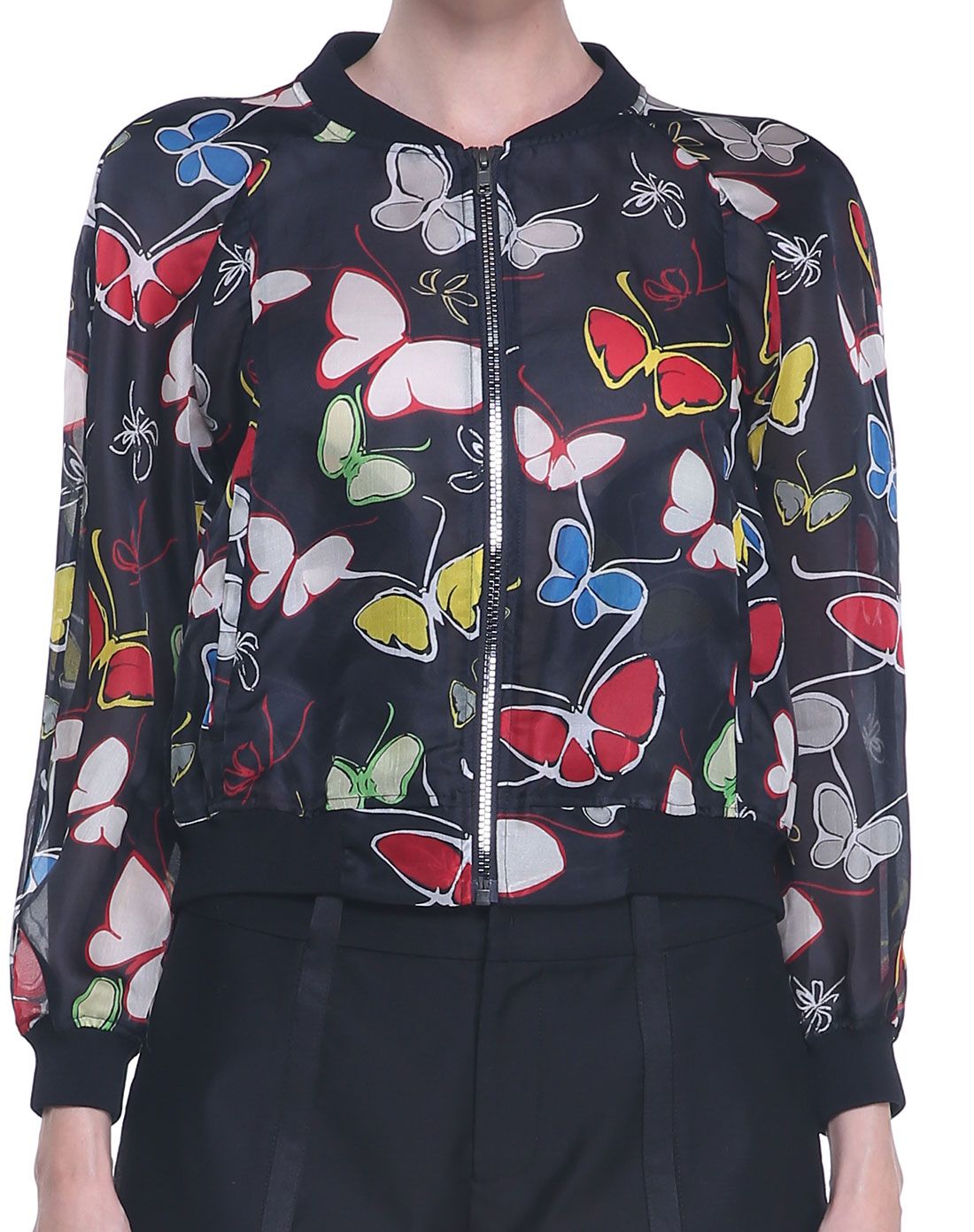 蝴蝶印花真丝绡棒球衫