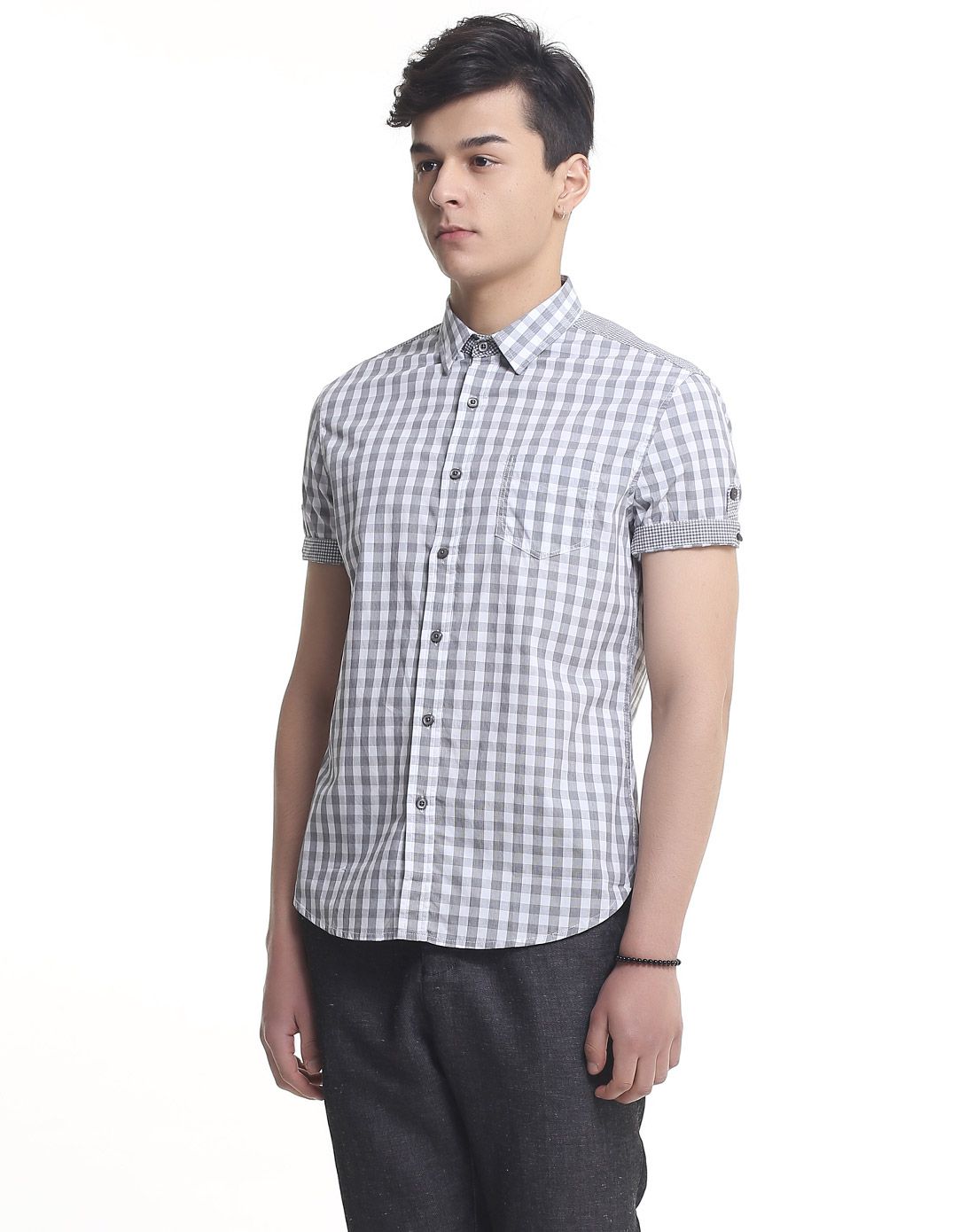 gather jewels男装移动专场灰白色休闲格纹短袖衬衫31239858803_唯品