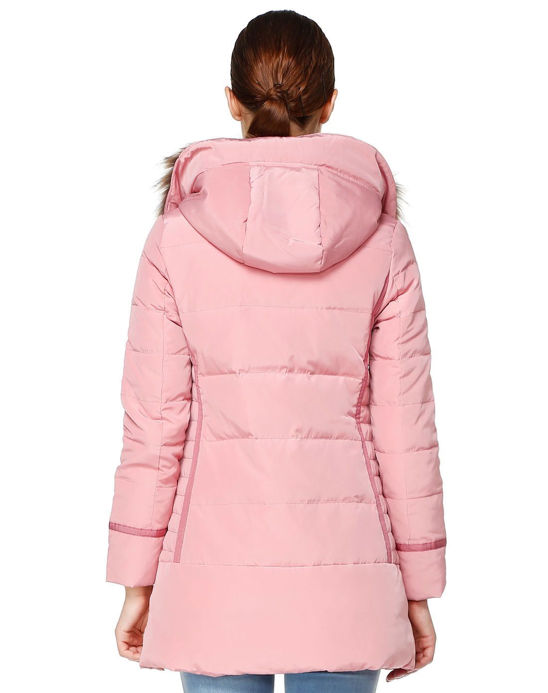 女款暗粉色连帽多袋长袖中长款羽绒服