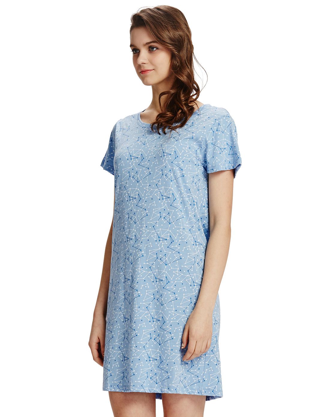 女款晴空蓝舒木尔印花圆领短袖家居裙