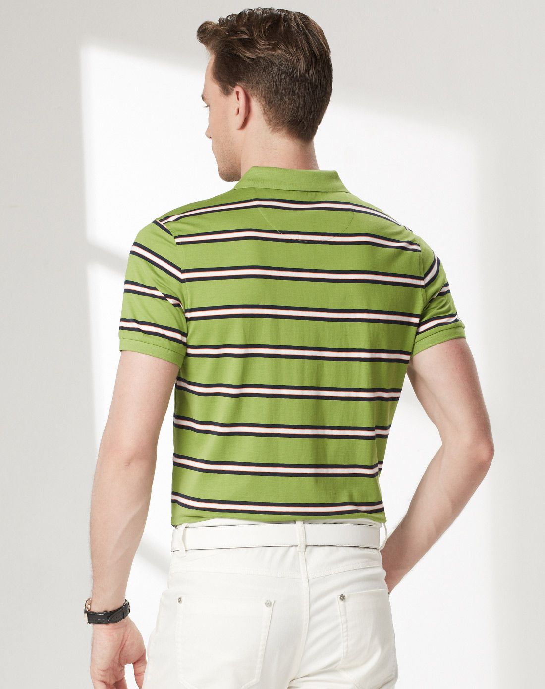 绿白条纹纯棉扁机领多色条纹短袖t恤