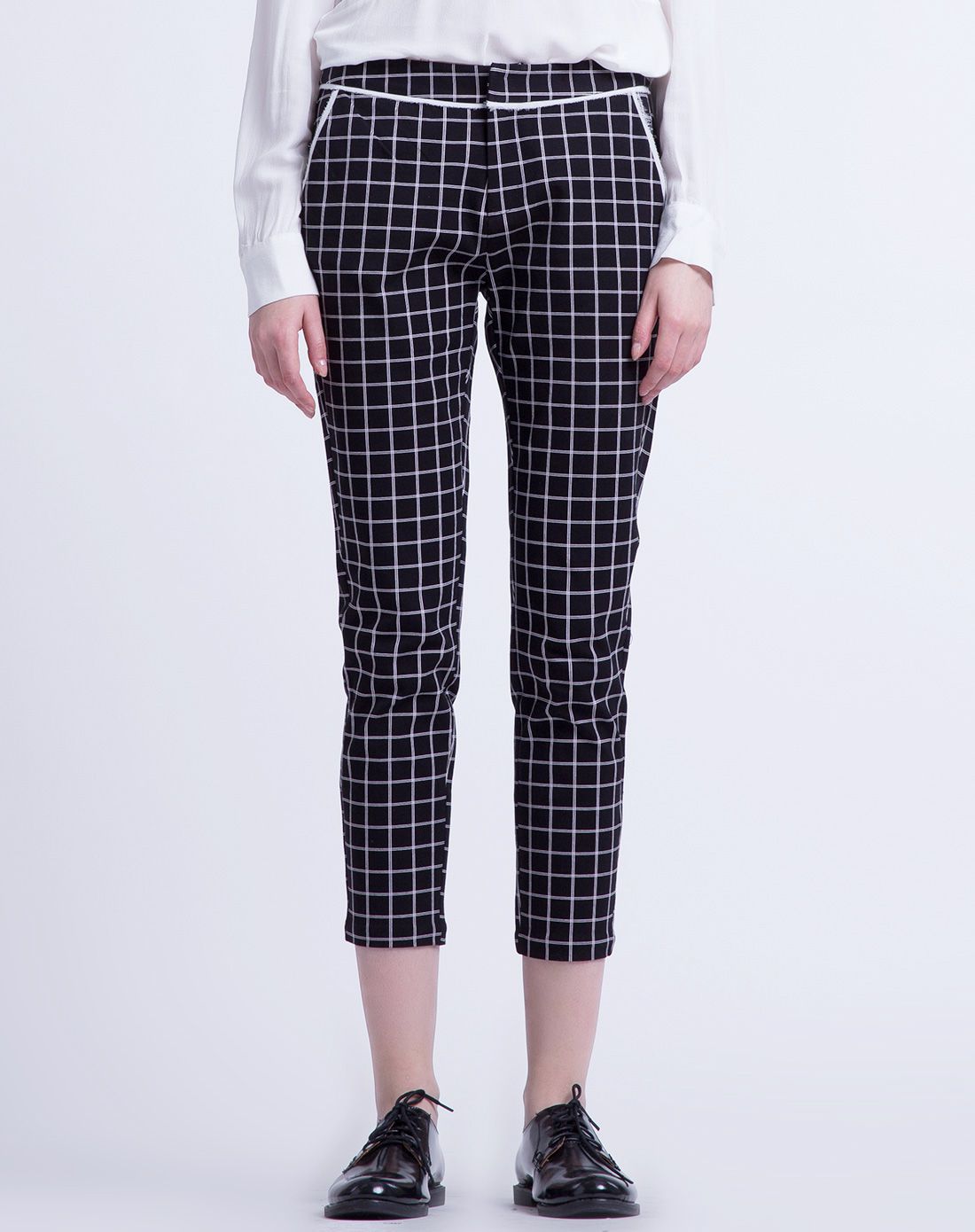 黑格子印花弹力9分裤