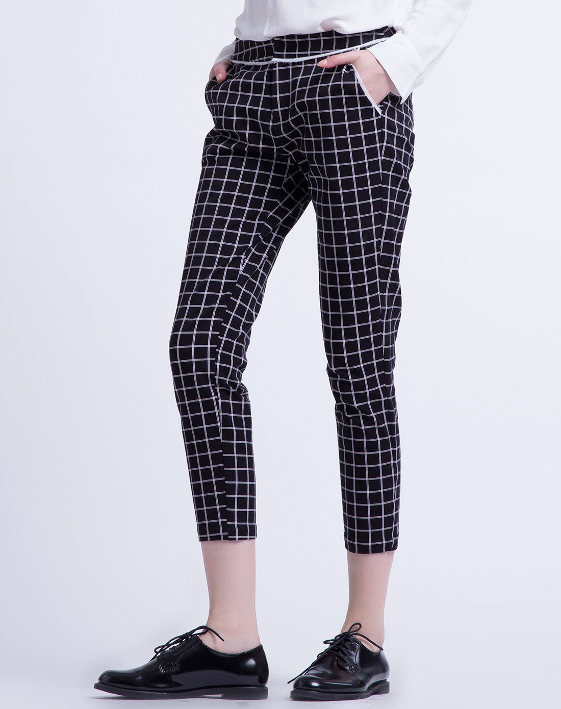 黑格子印花弹力9分裤