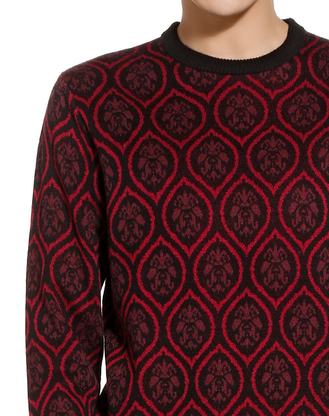 黑/红色图案提花长袖针织衫