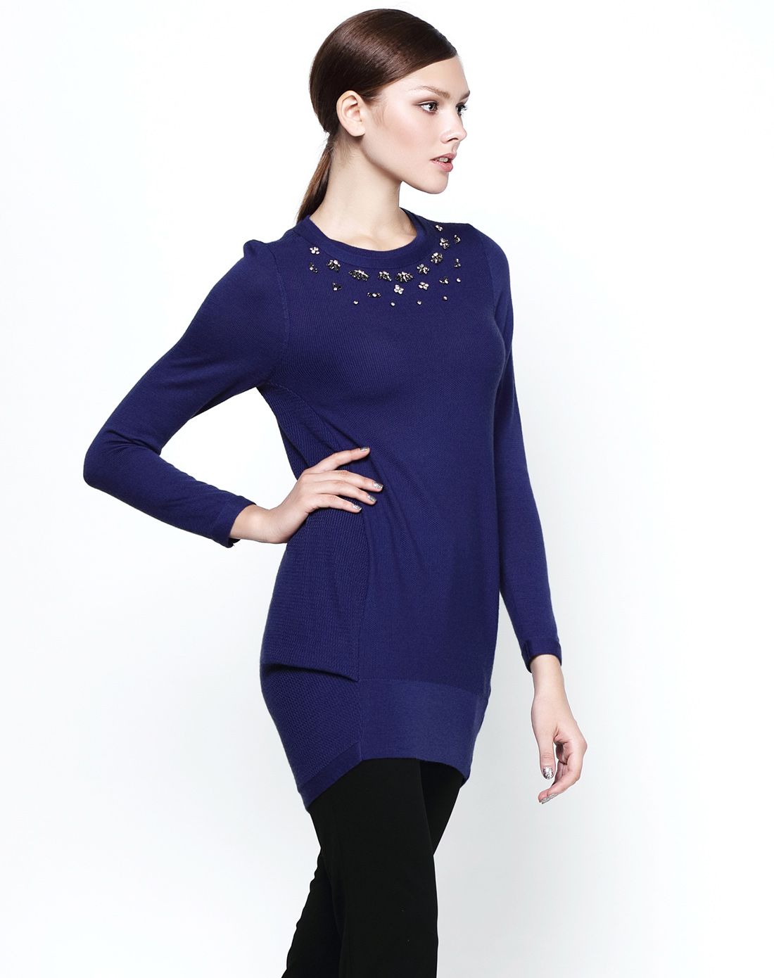 深紫蓝色时尚百搭长袖中长款针织衫