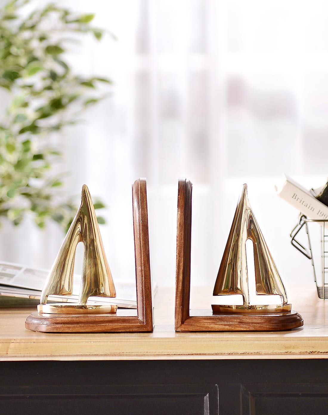 印度进口 铜木工艺帆船书档书立书靠