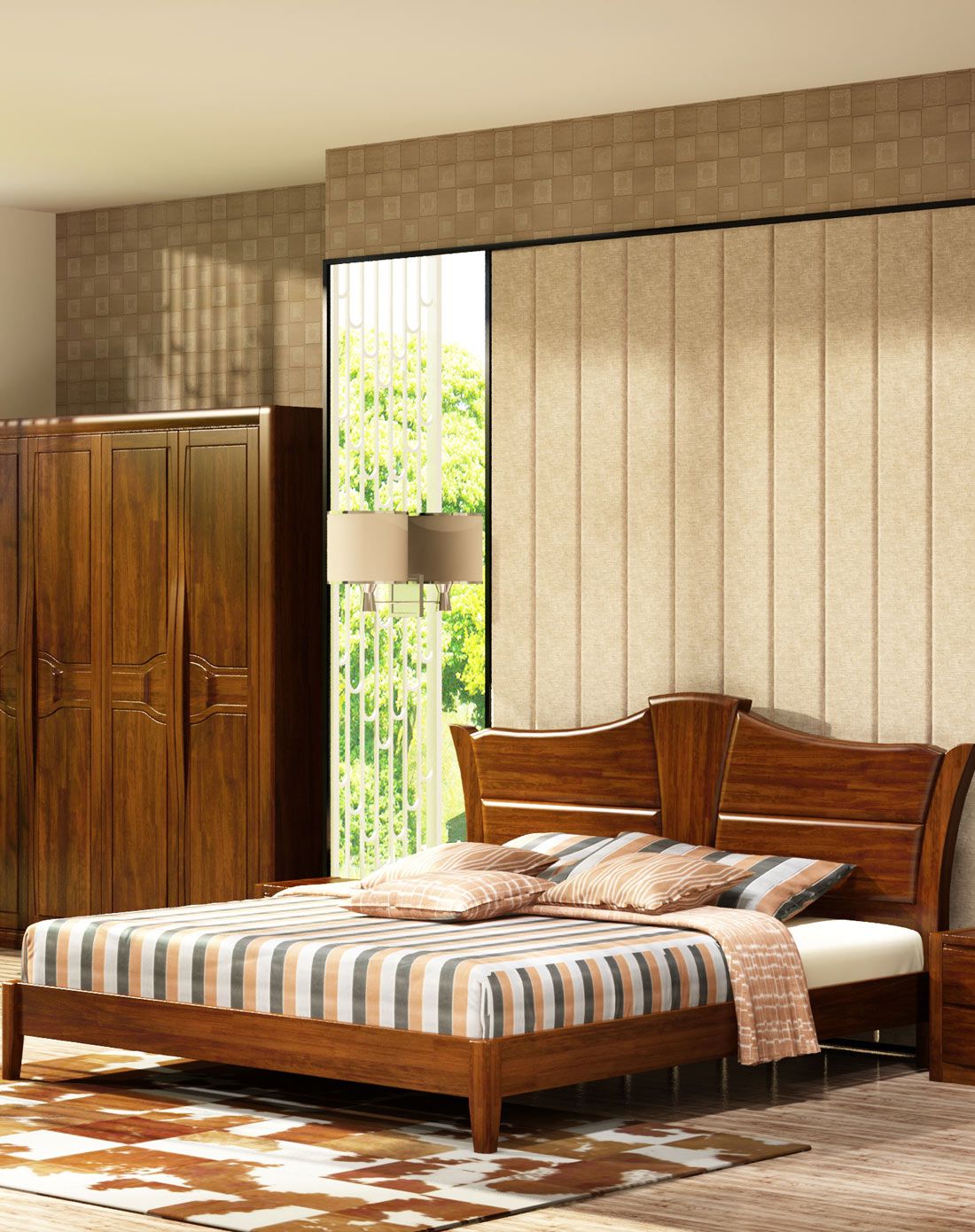 华日家居胡桃楸木1.8米实木排骨架床