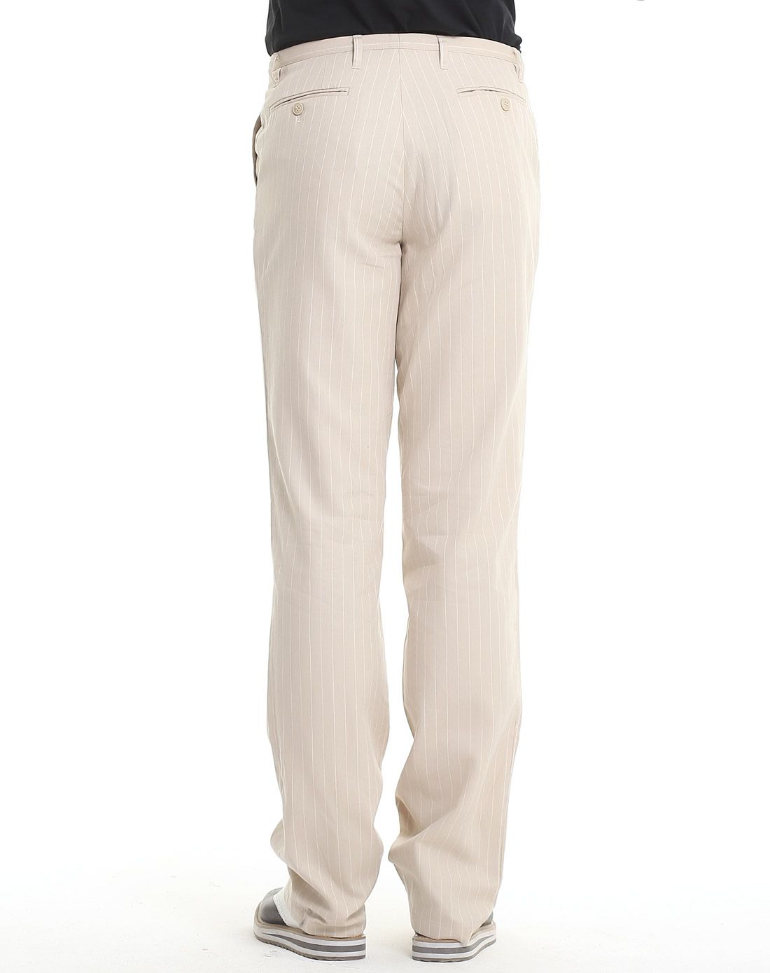 浅米色竖条棉麻简约休闲裤