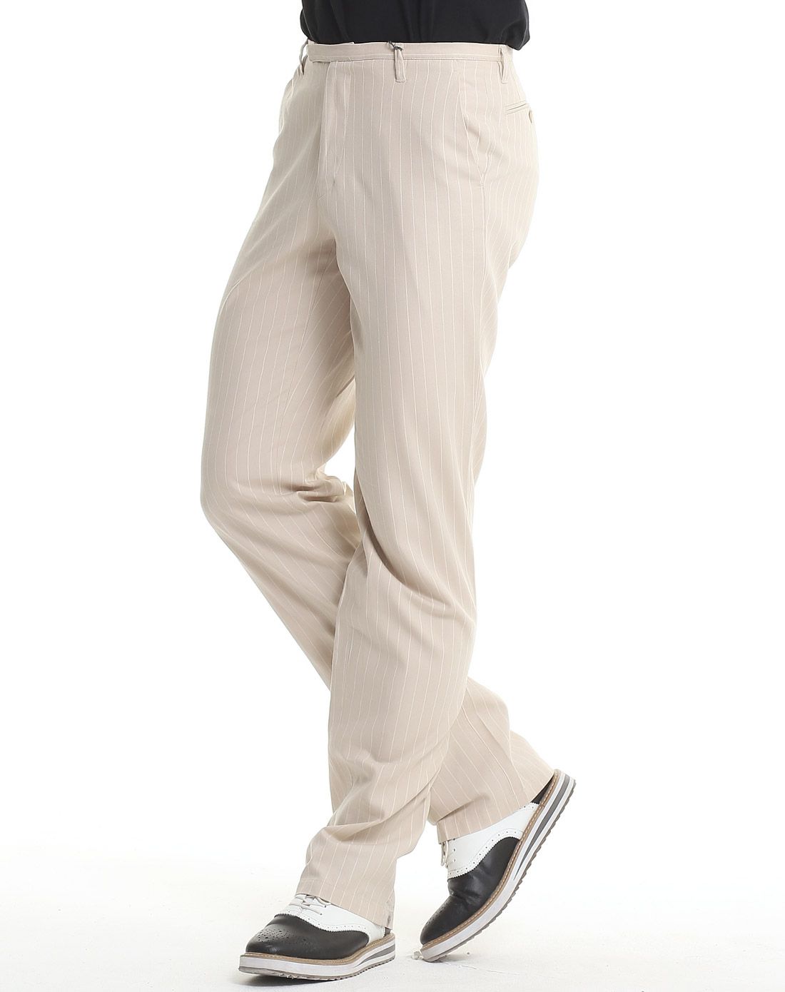 浅米色竖条棉麻简约休闲裤