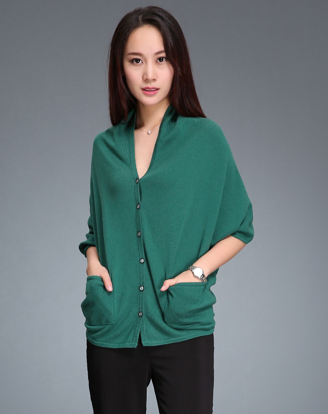 女款青绿色优雅个性开襟羊毛衫