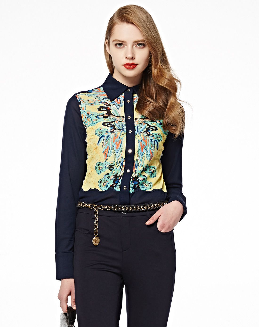 jz玖姿女装 专柜高端款 时尚抽象撞色印花优雅翻领衬衫