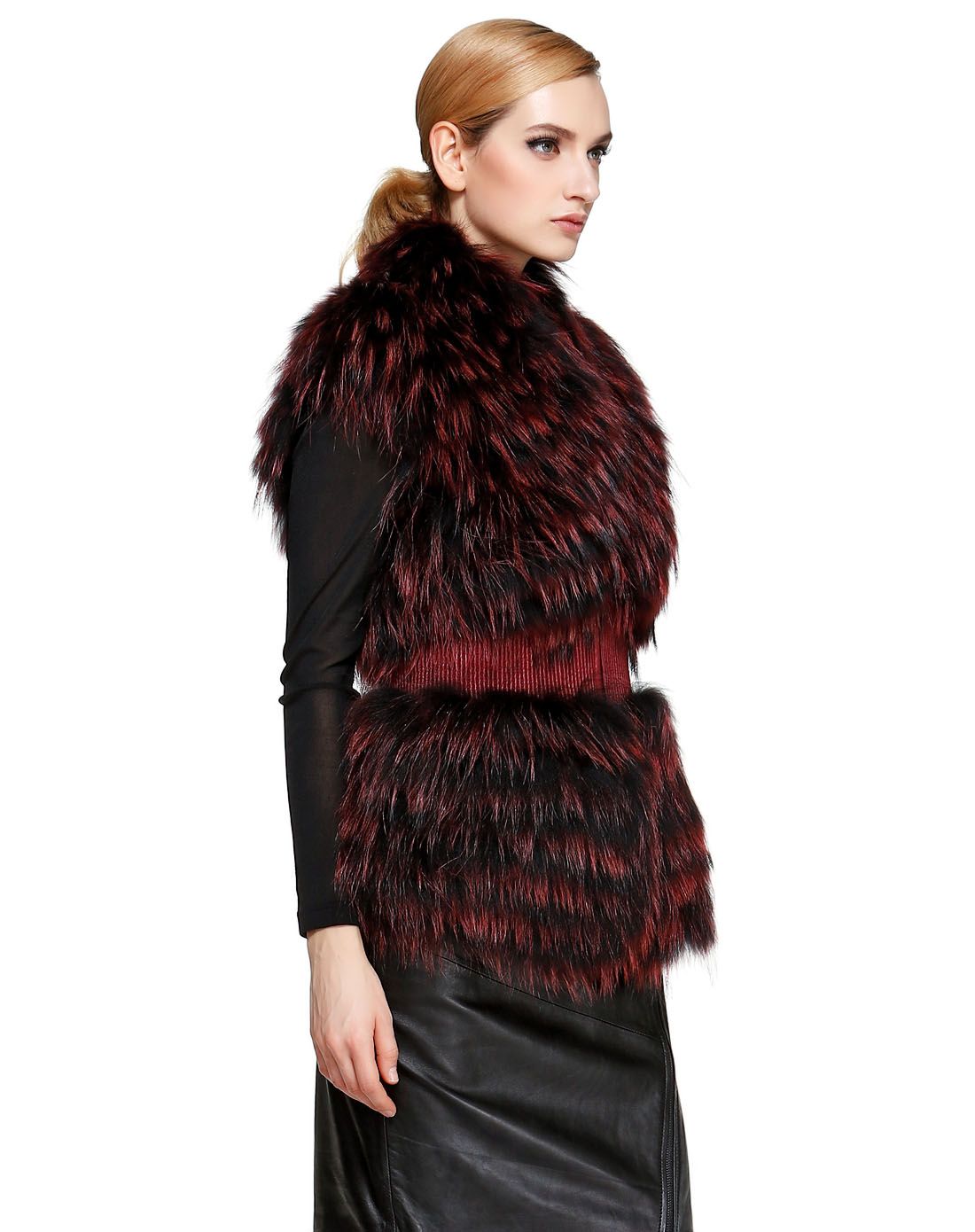 马天奴黑/暗红色俏丽优雅无袖皮草
