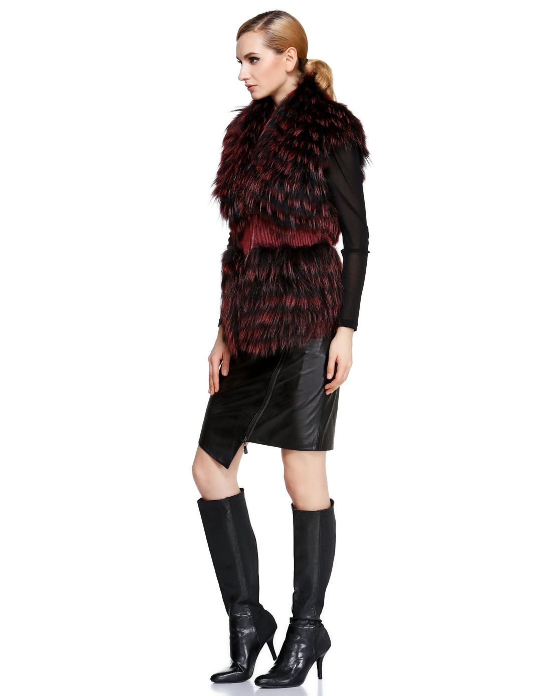 马天奴黑/暗红色俏丽优雅无袖皮草