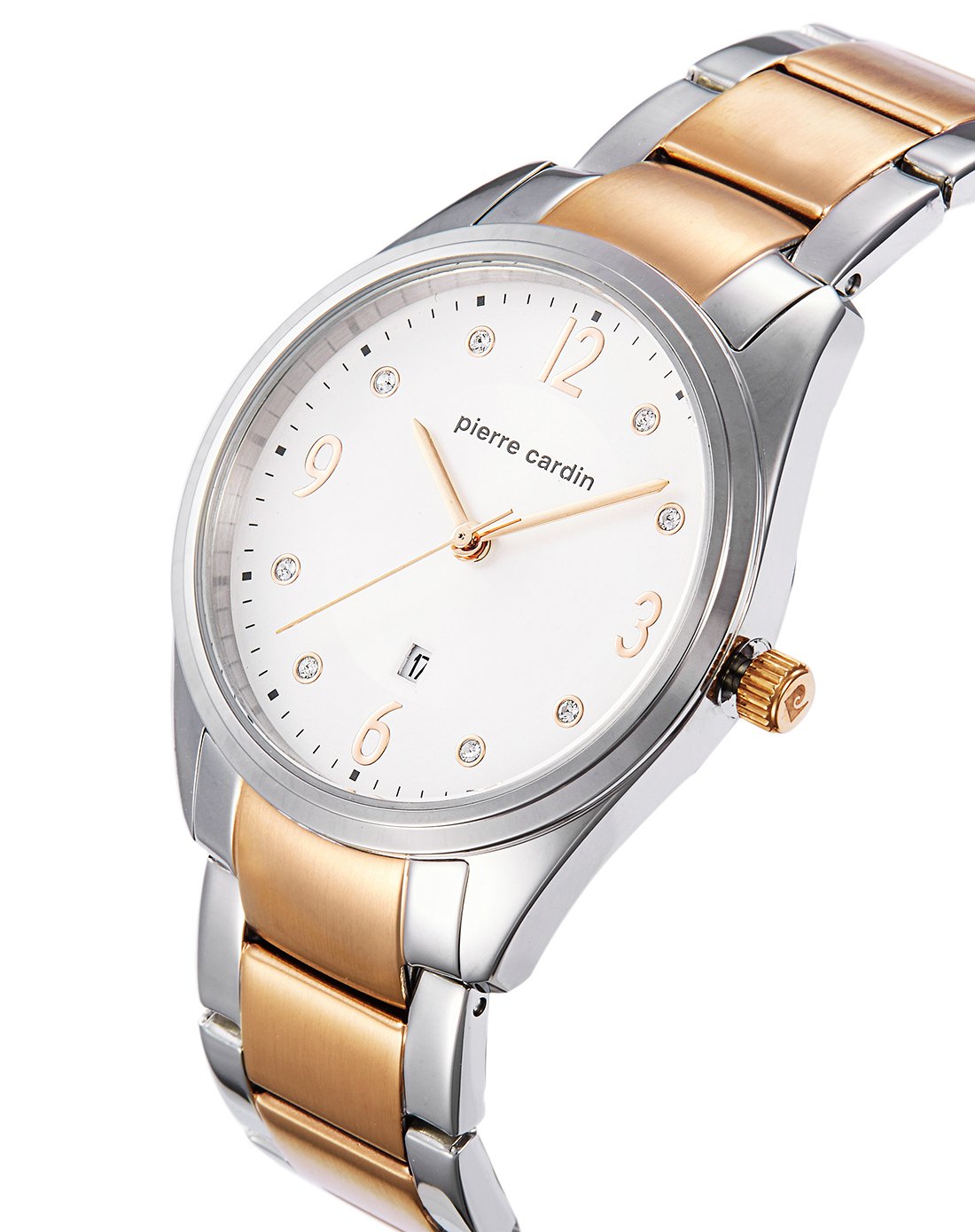 pierre cardin女款时尚水晶日历钢带石英腕表