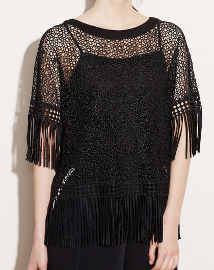 纬漫纪【2017年新款】黑色圆领镂空渔网装流苏t恤v513029-20_唯品会