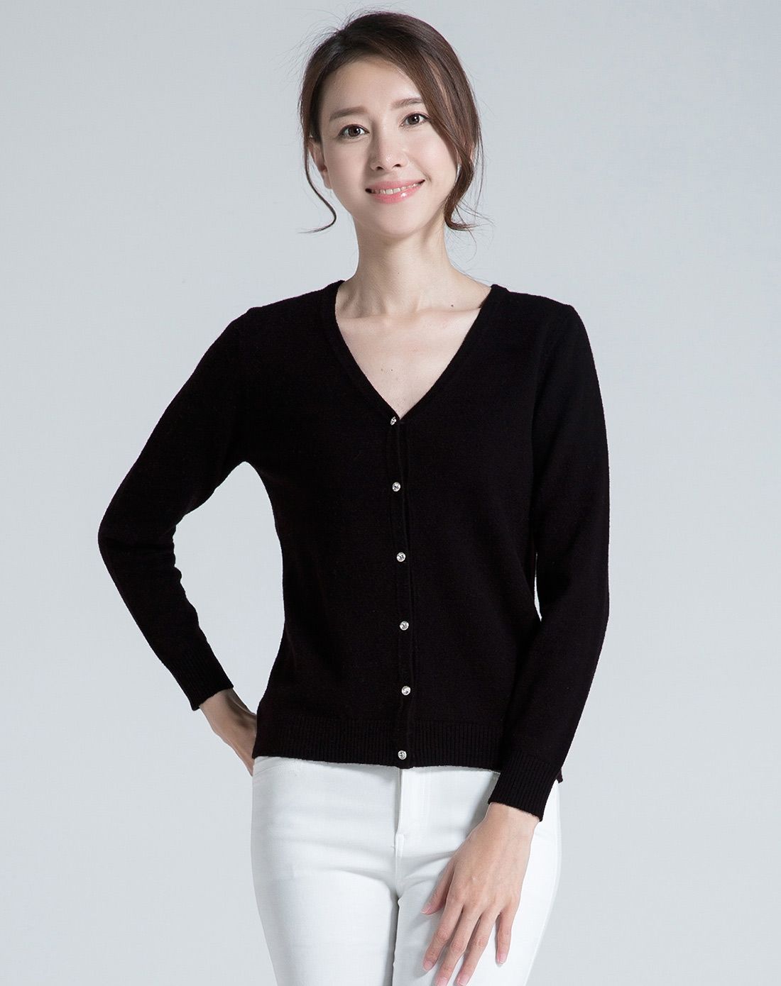 黑色怀旧开襟长袖羊毛衫