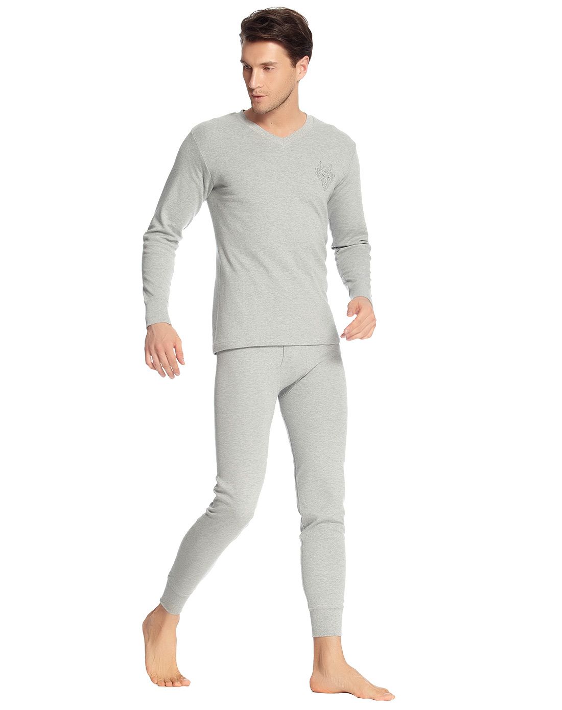 (推荐)浅麻灰男士v领前胸金刚狼内衣套装