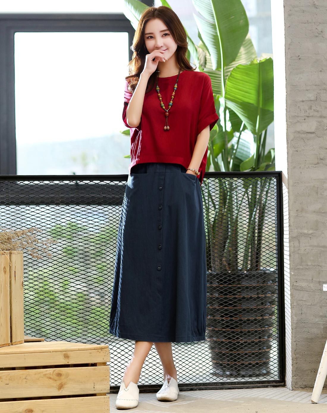 酒红/藏青圆领短袖时尚套装