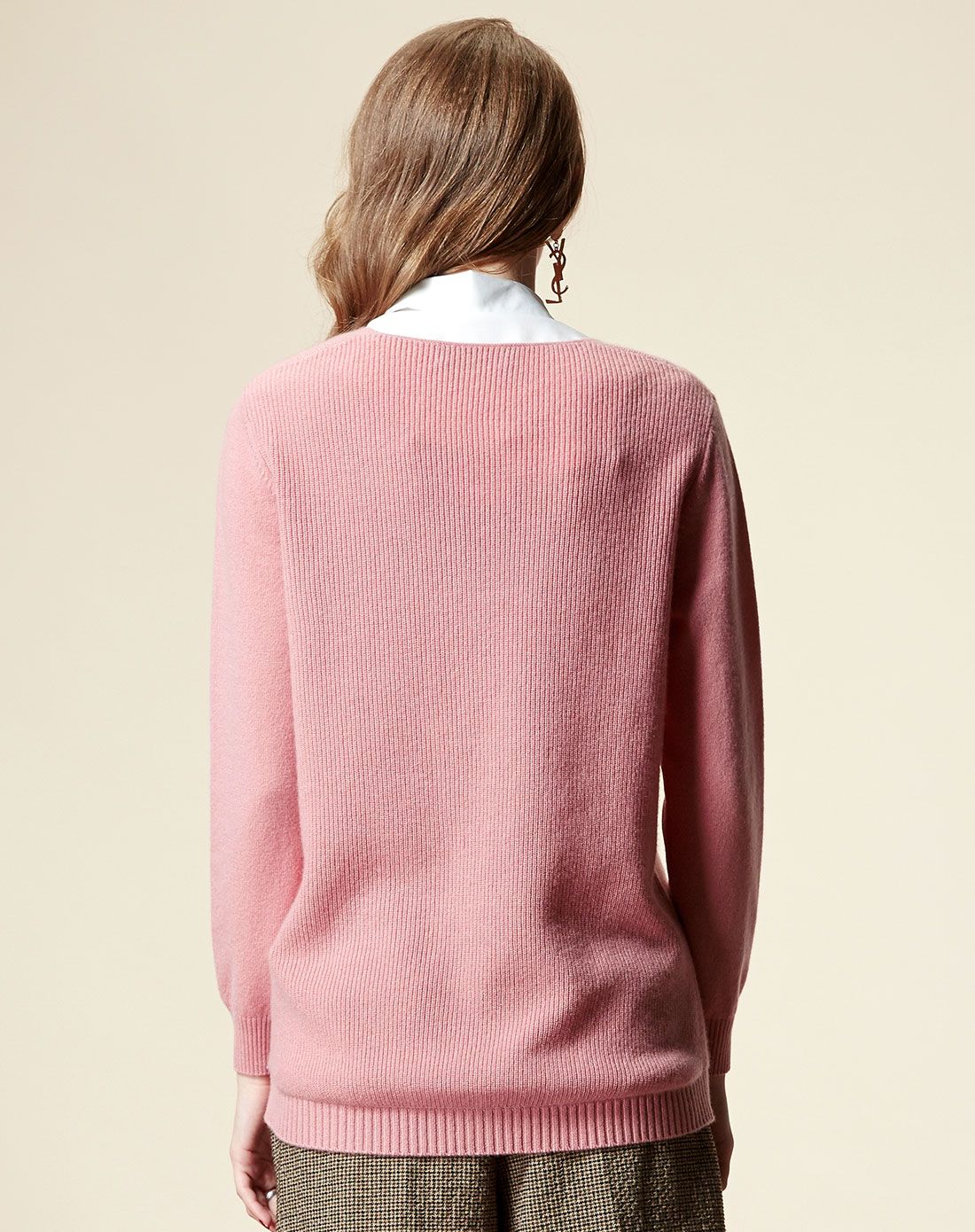 女士红灰色v领加长休闲羊绒女衫