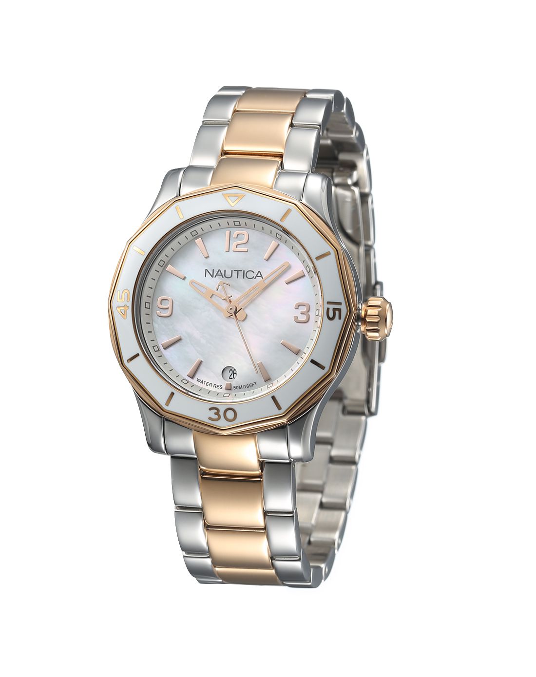 诺帝卡nautica女款银/玫瑰金色钢带云母表盘石英手表nad19544l