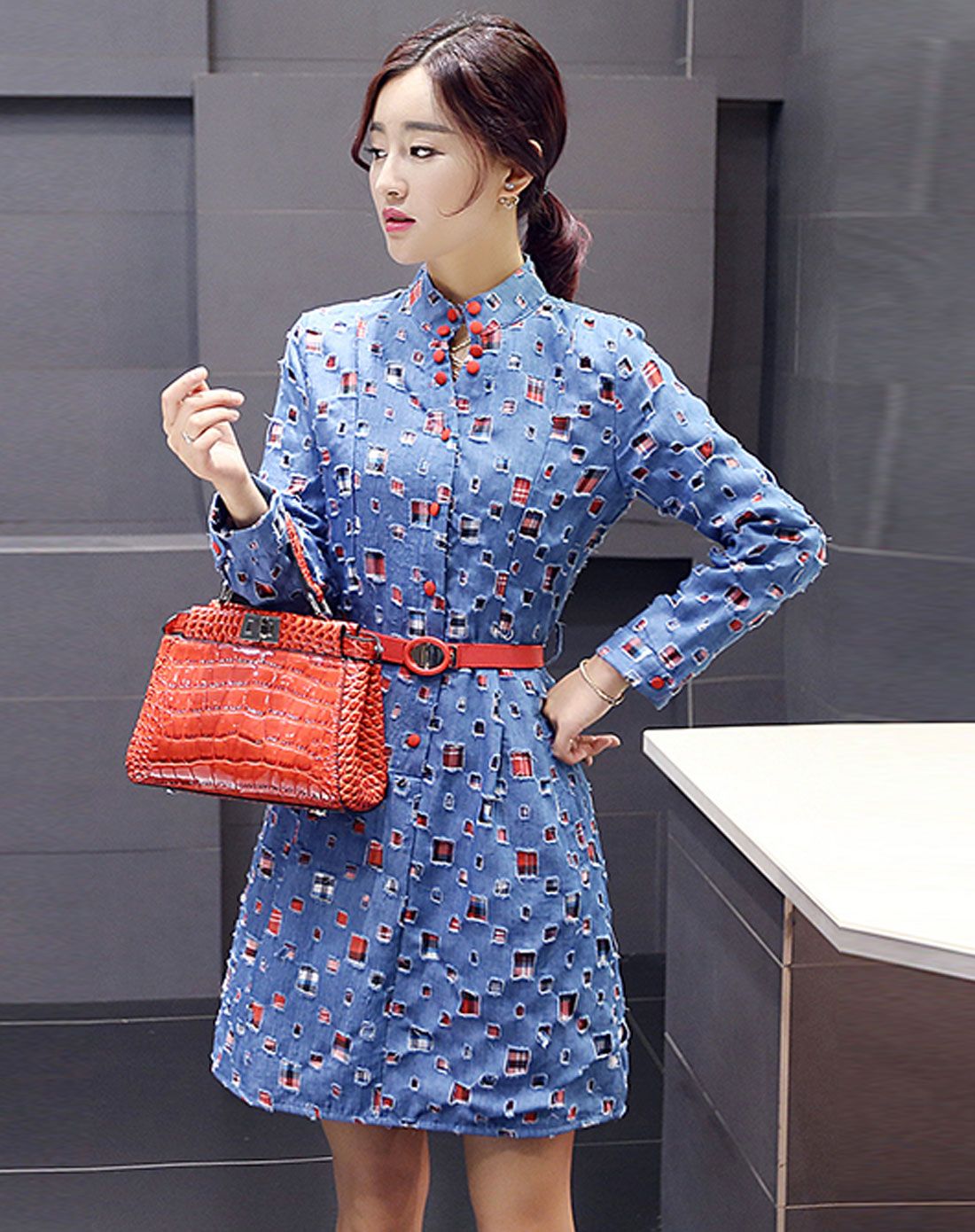 移动端专场女蓝色立领纽扣装饰收腰连衣裙(配腰带)044082a5_唯品会