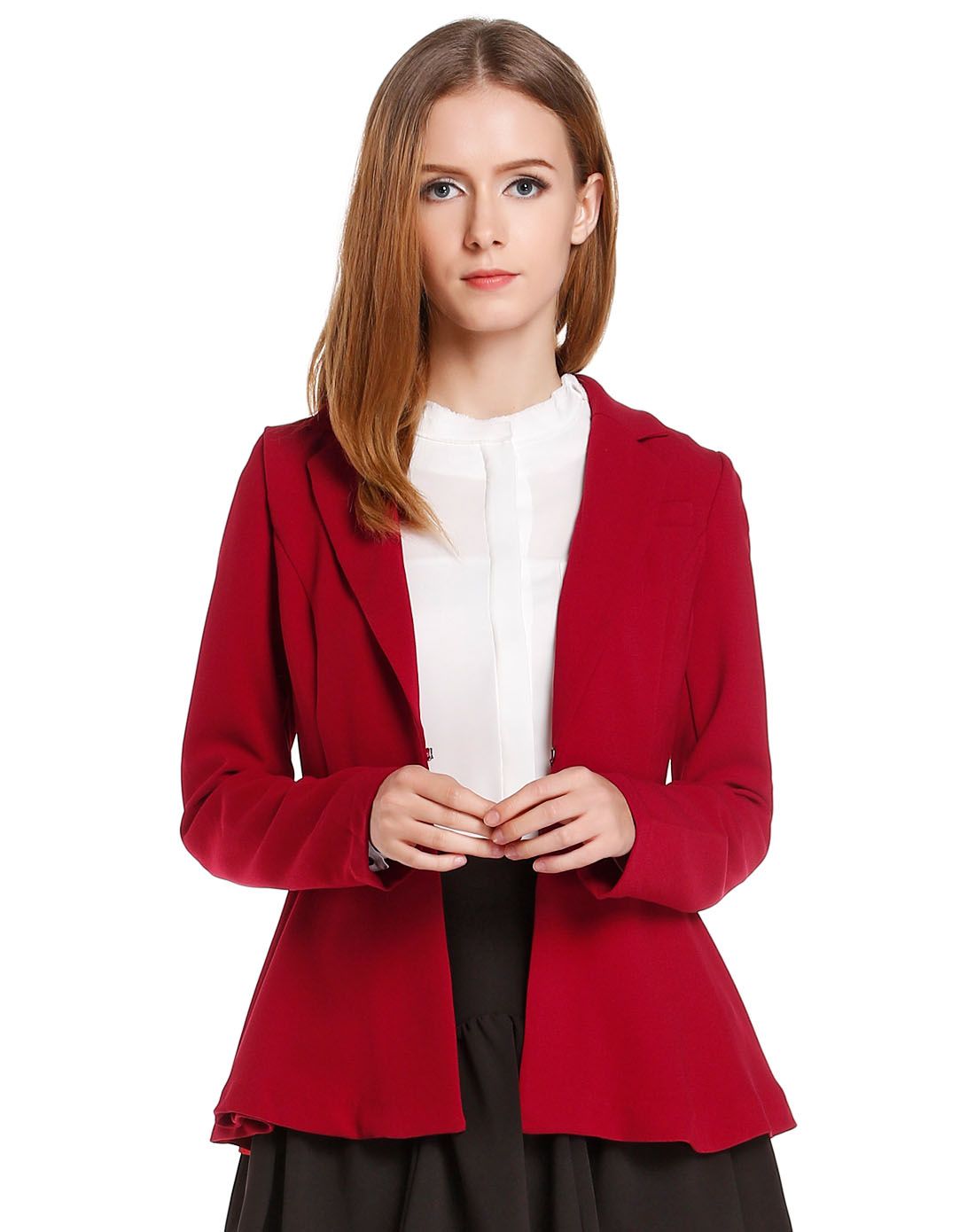 女款深红色通勤素雅长袖休闲西服