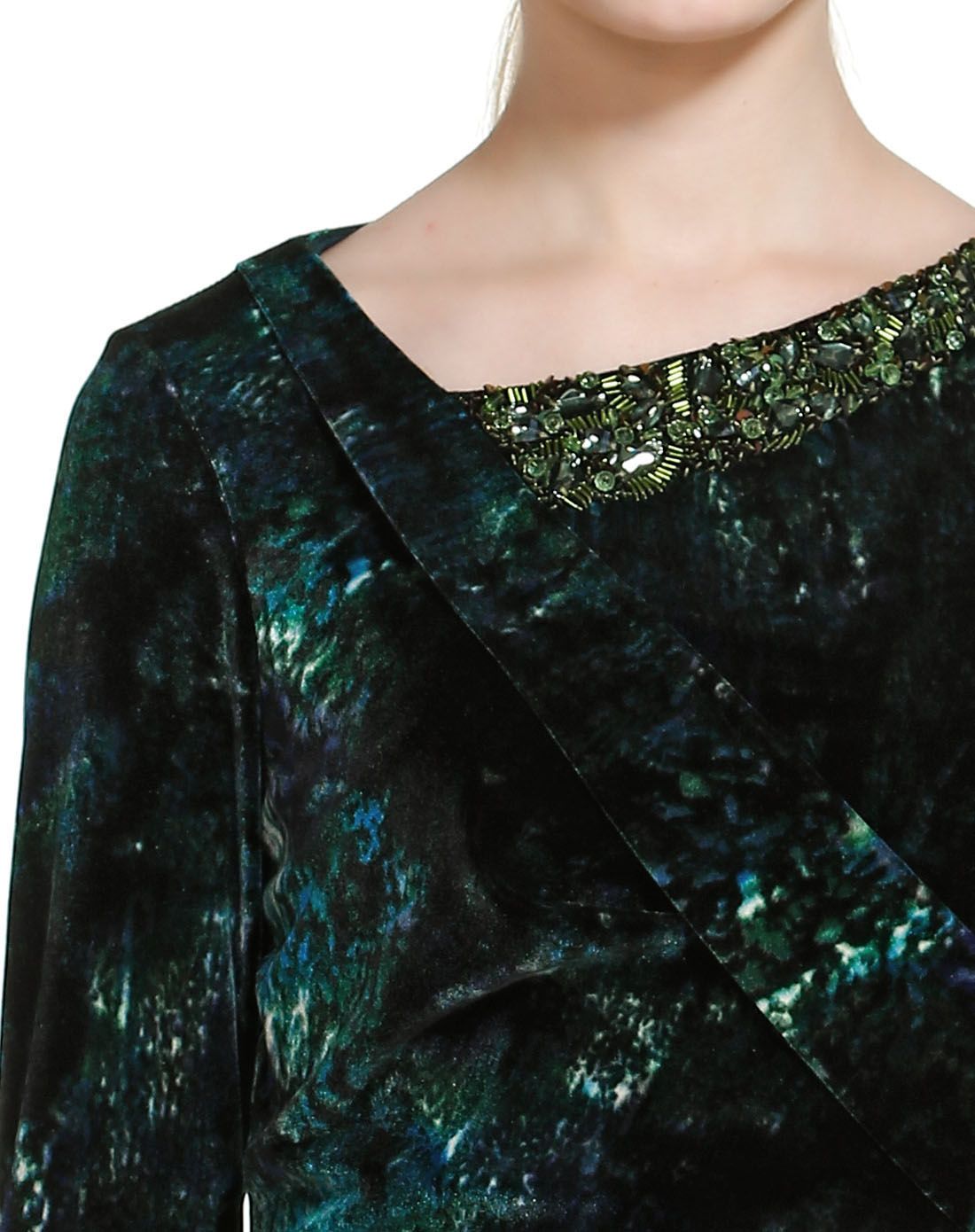 暗蓝绿色复古个性长袖连衣裙