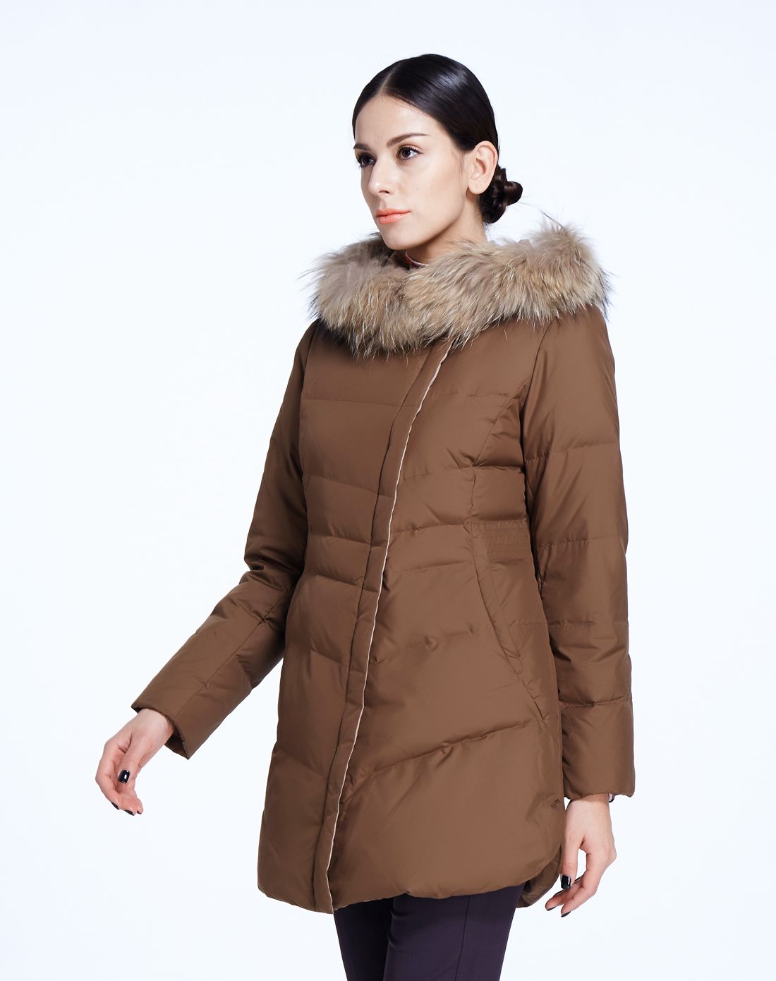 卡蒙迪camondei&福柯斯focals女装女浅咖毛领修身羽绒服fyrdd767*08