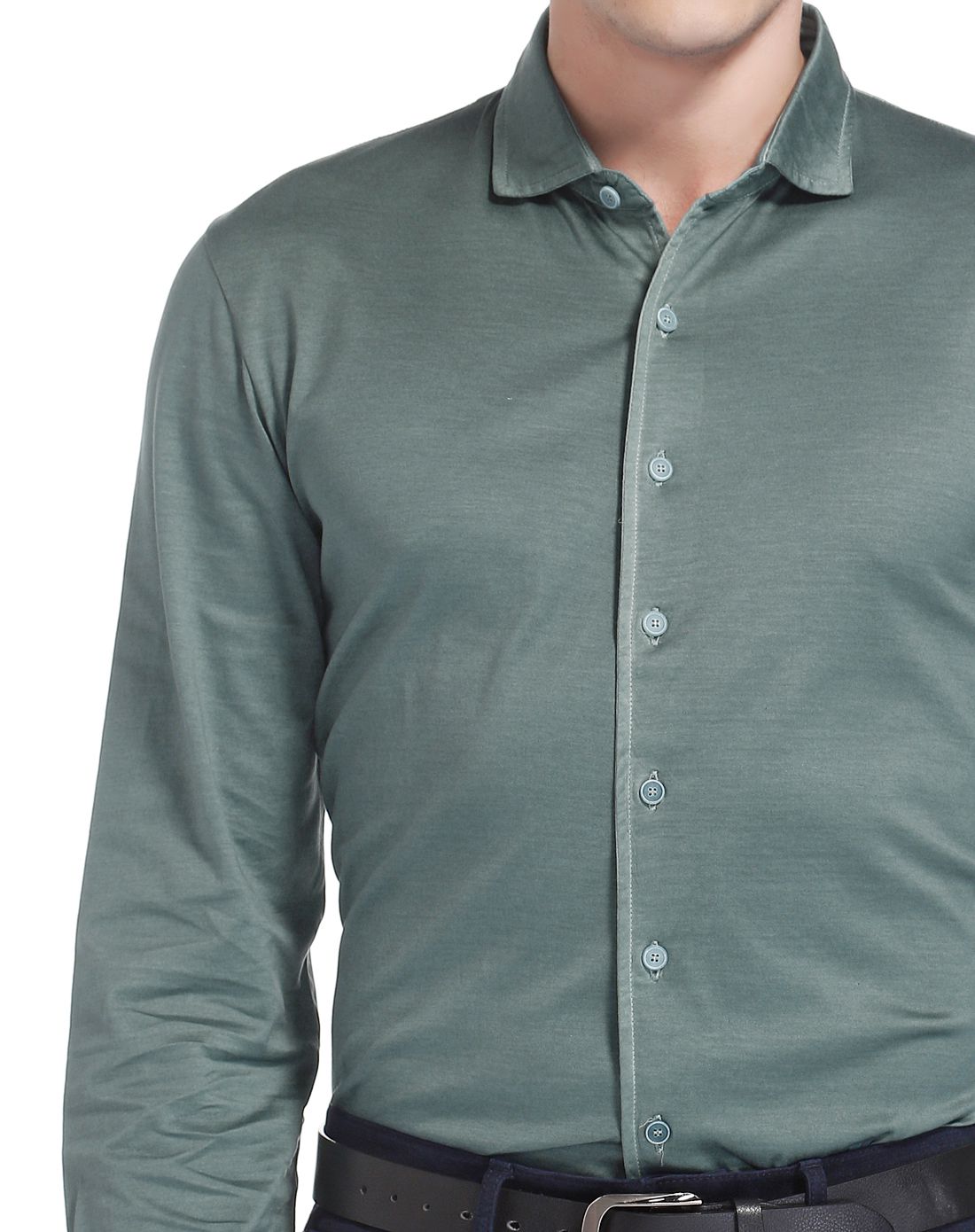 东博利尼灰绿色尊贵柔软长袖针织衬衫