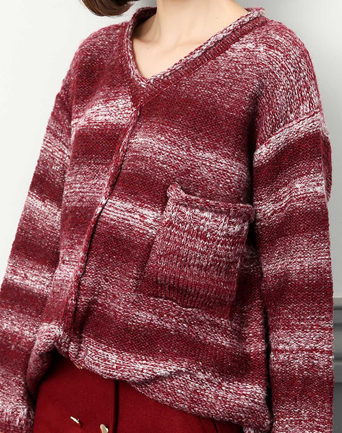 酒红色撞色加厚宽松毛衣
