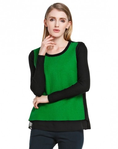 绿/黑色拼接圆领长袖上衣