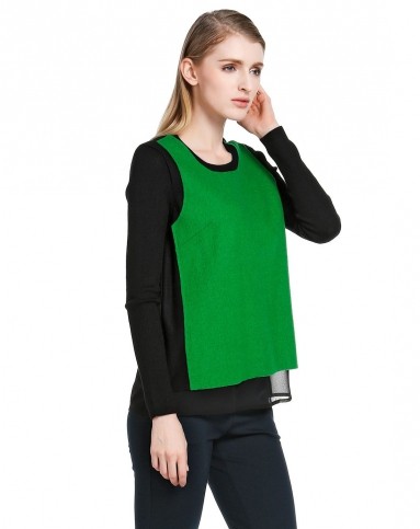 绿/黑色拼接圆领长袖上衣