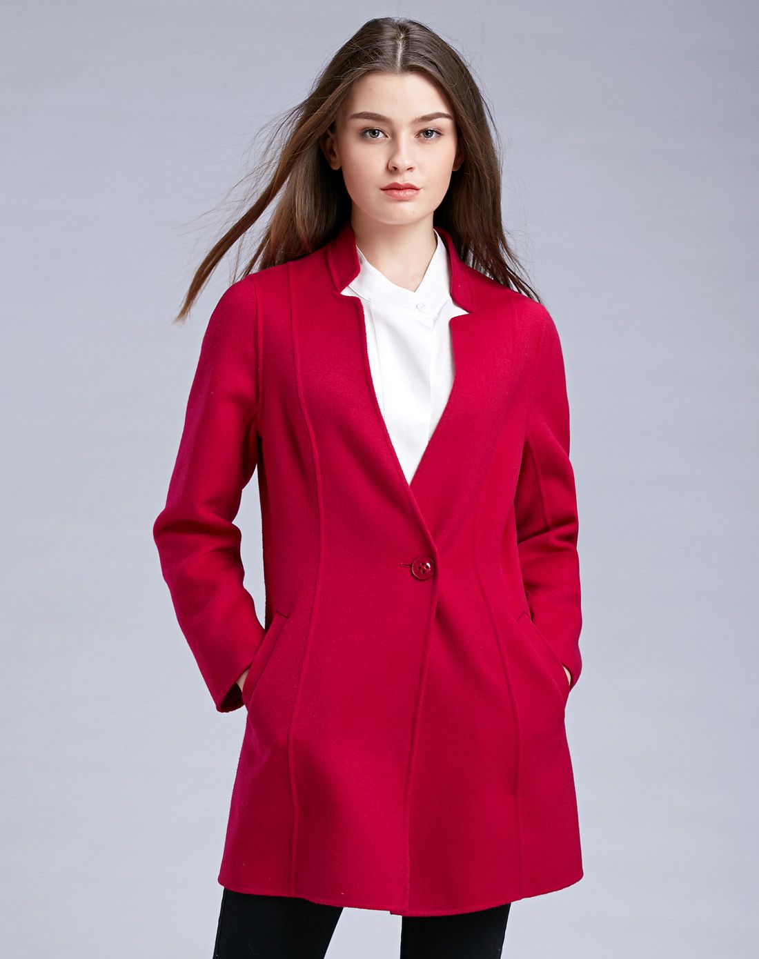 女款深玫红色双面呢大衣