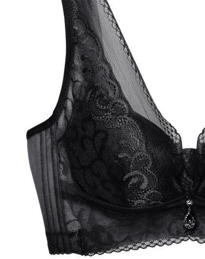轻云花月醇黑绣花蕾丝深v聚拢调整型文胸