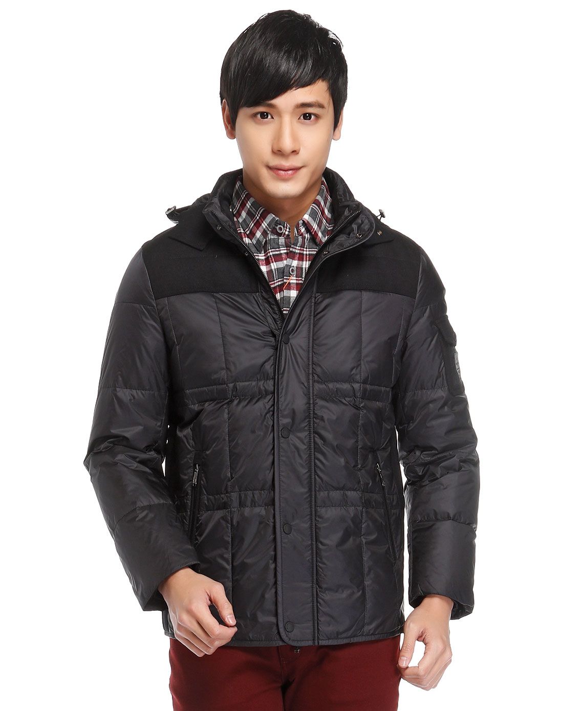 轻便保暖性好 男款黑色羽绒服 长袖连帽