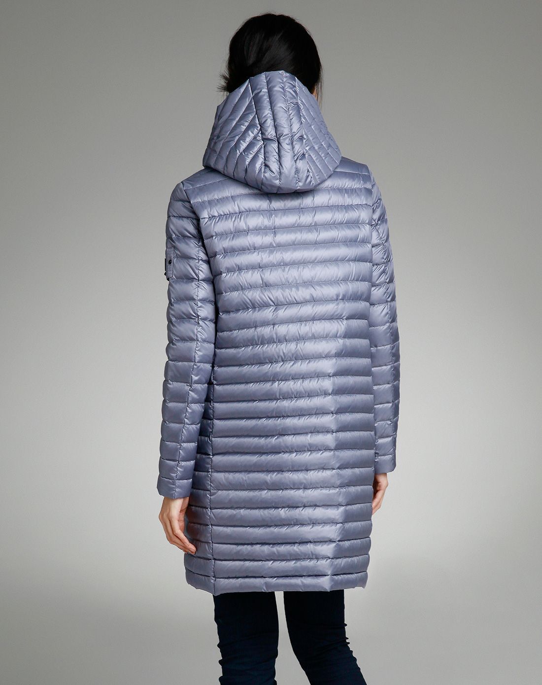 紫灰色修身连帽长款轻薄羽绒服