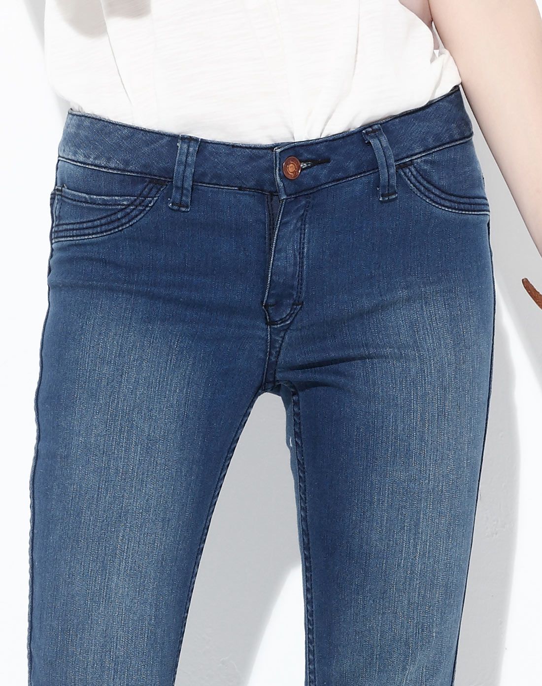 深蓝中腰双面穿紧身小脚牛仔裤