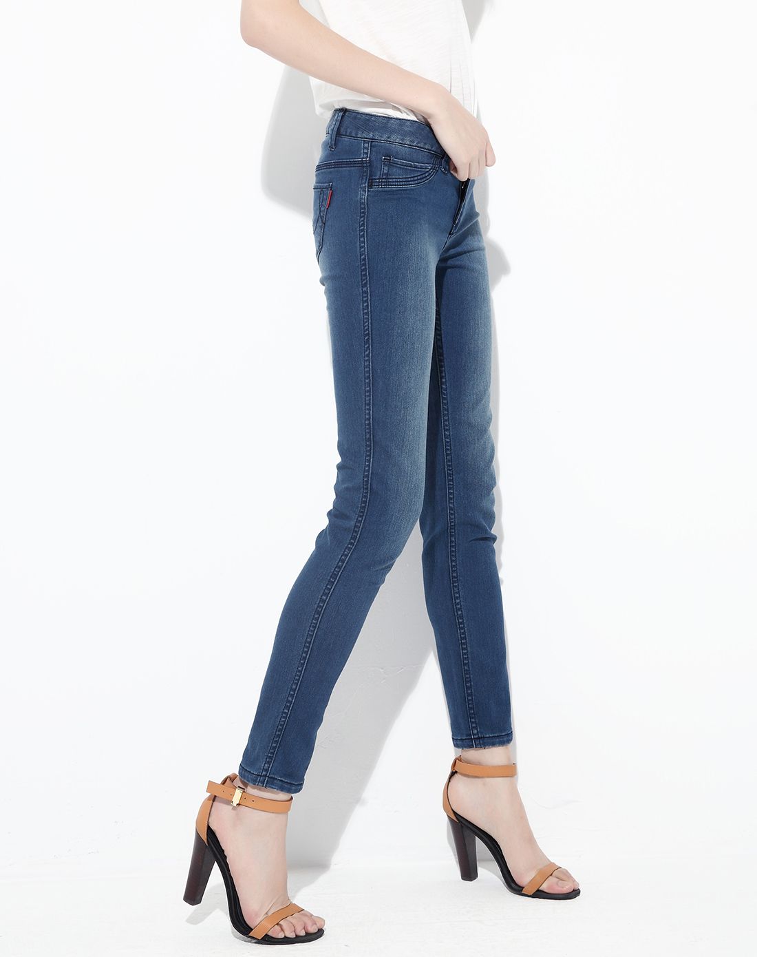 深蓝中腰双面穿紧身小脚牛仔裤