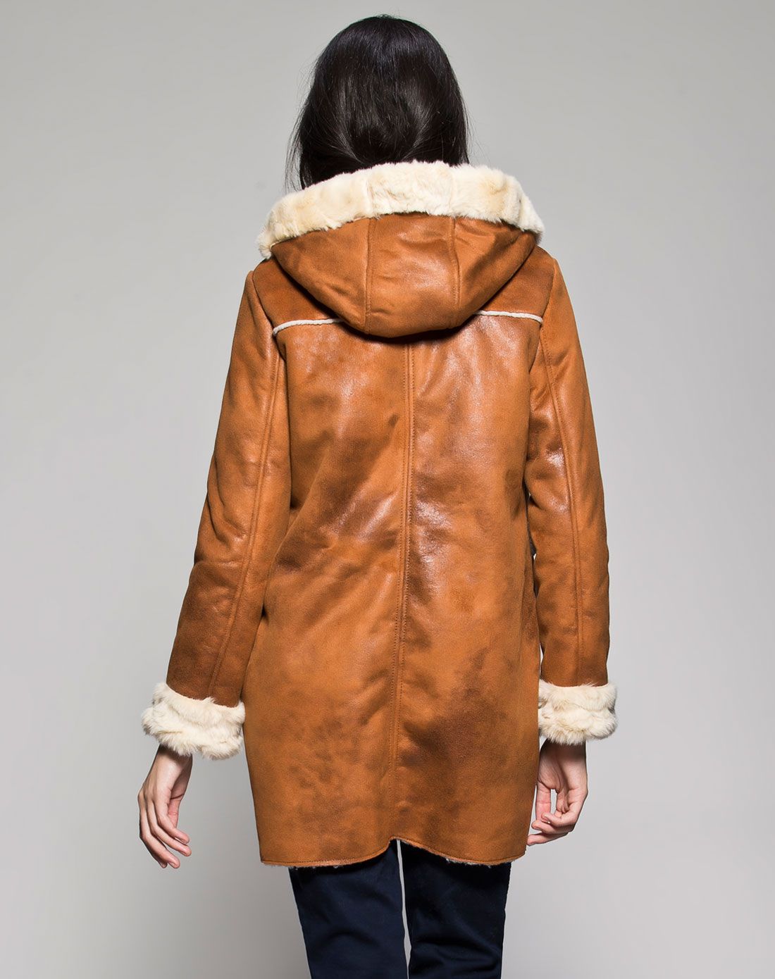 weekend深棕色连帽欧美风中长款长袖外套